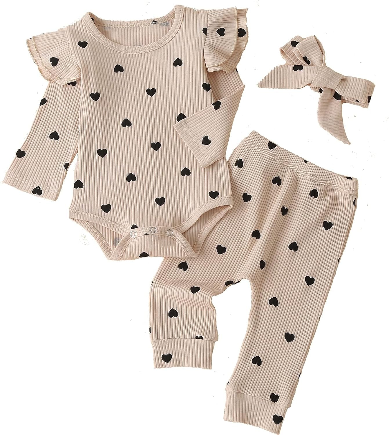 Lumea Frill & Rib 3 - Piece Baby Girl Set - Long Sleeve Romper & Pants (3 - 6M) - Lumea Baby