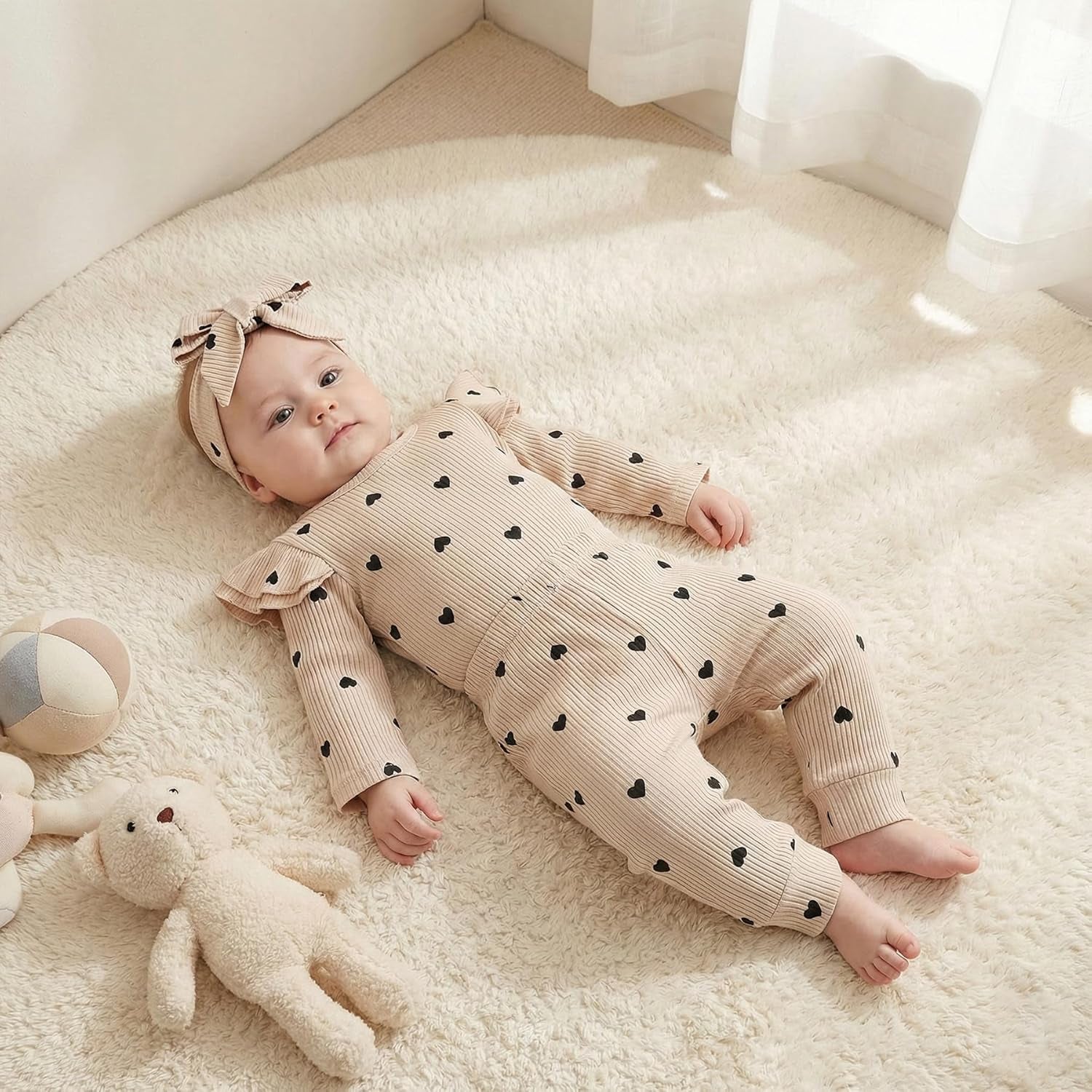 Lumea Frill & Rib 3 - Piece Baby Girl Set - Long Sleeve Romper & Pants (3 - 6M) - Lumea Baby