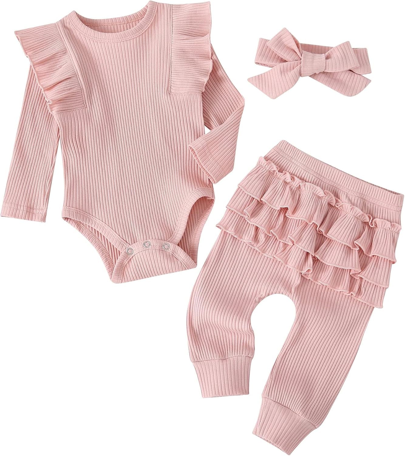 Lumea Frill & Rib 3 - Piece Baby Girl Set - Long Sleeve Romper & Pants (12 - 18M) - Lumea Baby