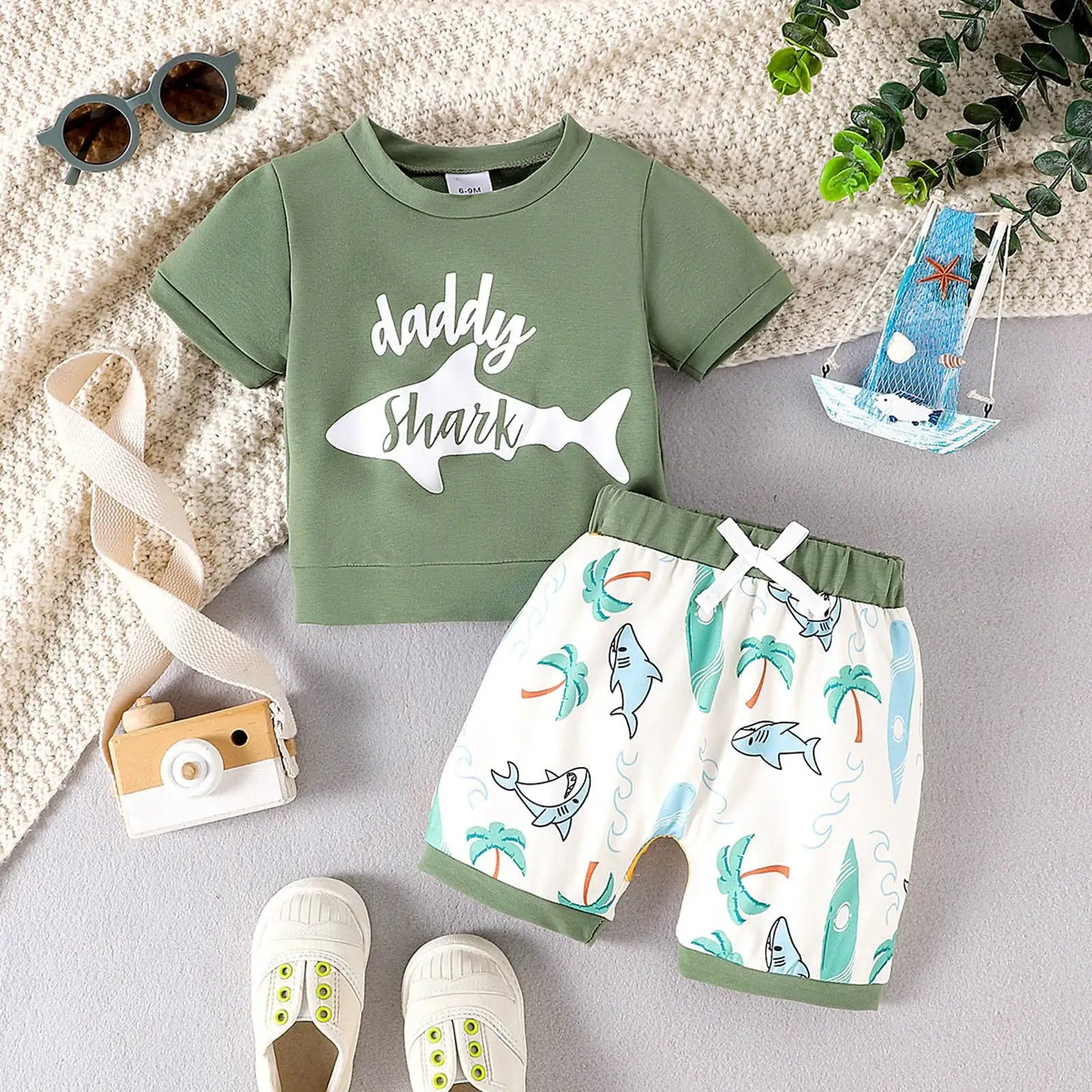 Lumea Aloha Baby 2 - Piece Summer Set - Hawaiian Short Sleeve Tee & Coconut Shorts (6 - 9M) - Lumea Baby