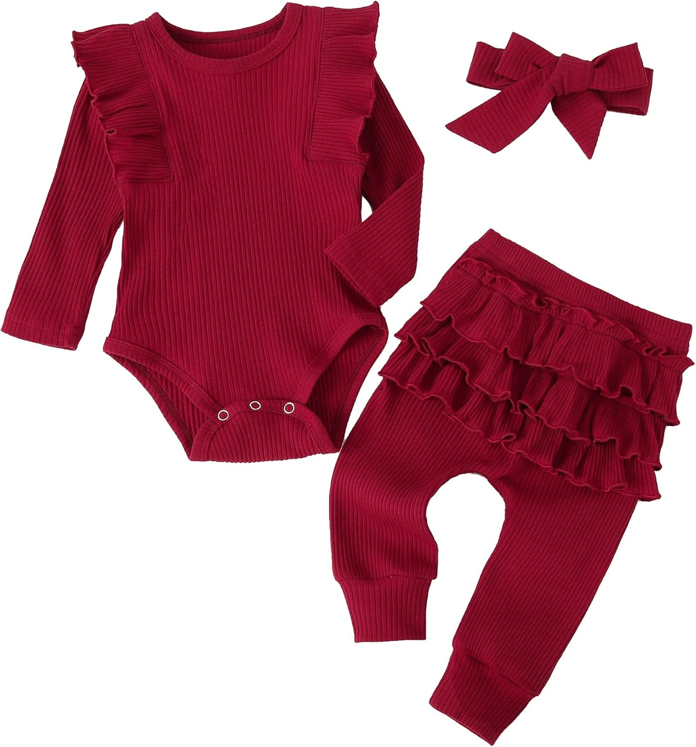 Lumea Frill & Rib 3 - Piece Baby Girl Set - Long Sleeve Romper & Pants (6 - 9M) - Lumea Baby