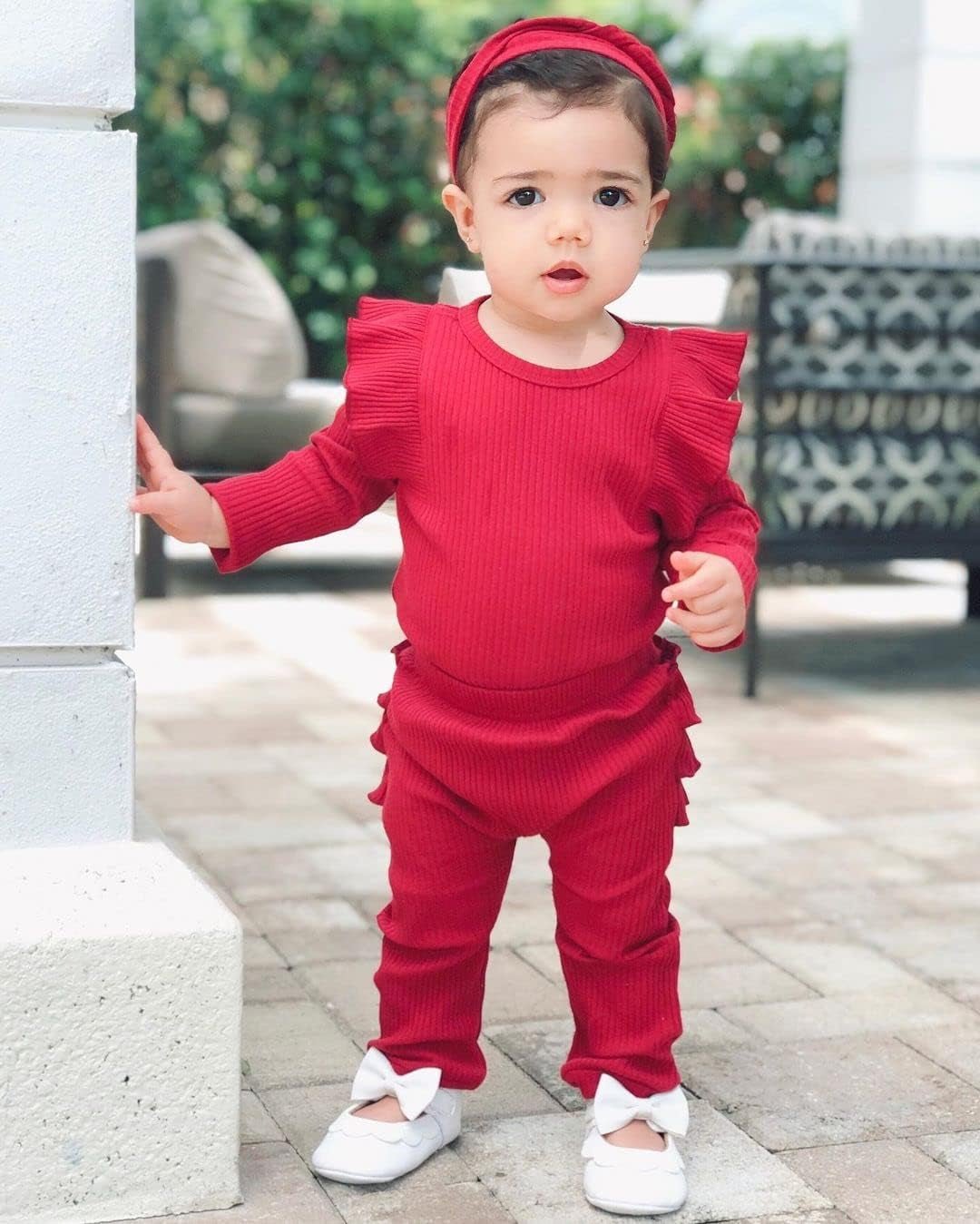 Lumea Frill & Rib 3 - Piece Baby Girl Set - Long Sleeve Romper & Pants (6 - 9M) - Lumea Baby