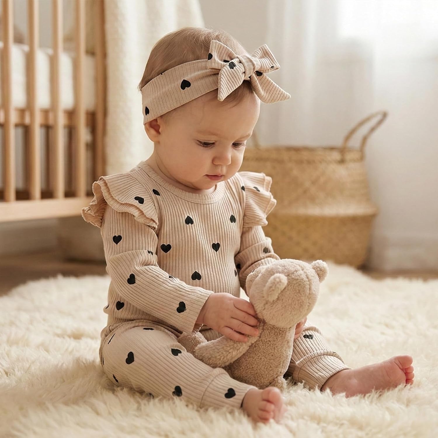 Lumea Frill & Rib 3 - Piece Baby Girl Set - Long Sleeve Romper & Pants (3 - 6M) - Lumea Baby