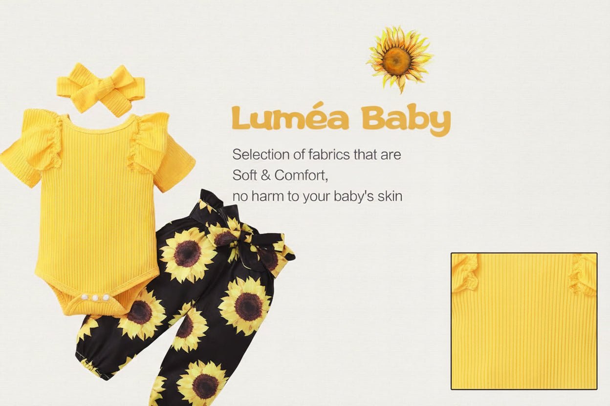 Lumea Golden Bloom Baby Girl Outfit Set - Clothing & Headband Gift Set (3 - 6M) - Lumea Baby