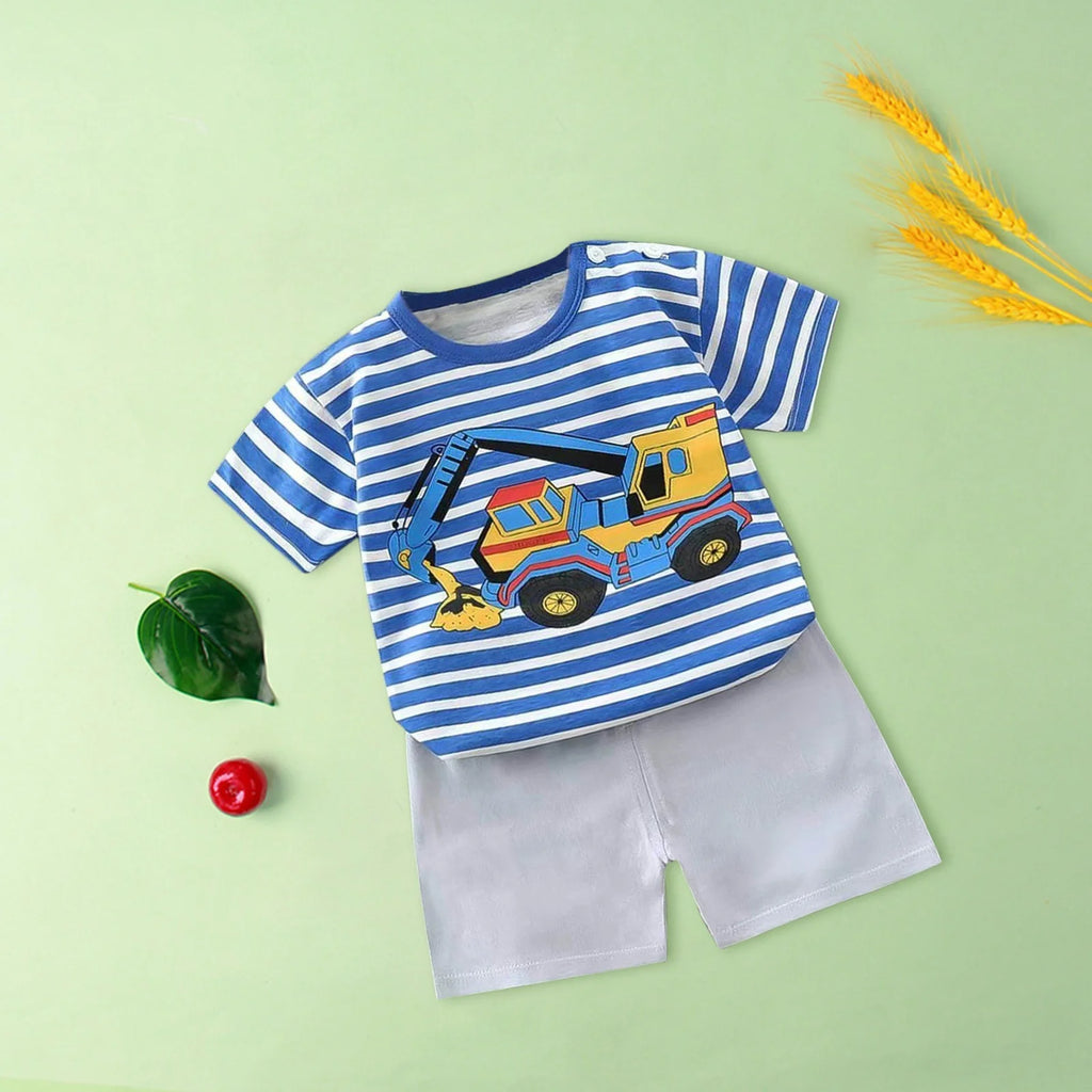 Lumea Vroom Vroom 2 - Piece Baby Set - Stripe Cartoon Car Tee & Shorts (6 - 12M) - Lumea Baby