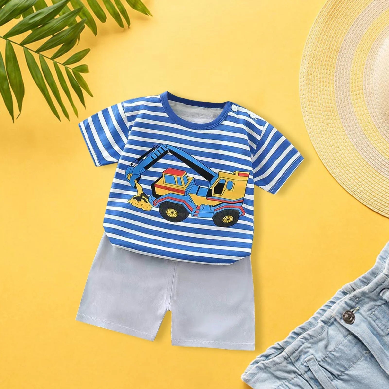 Lumea Vroom Vroom 2 - Piece Kids Set - Stripe Cartoon Car Tee & Shorts (5 - 6Y) - Lumea Baby
