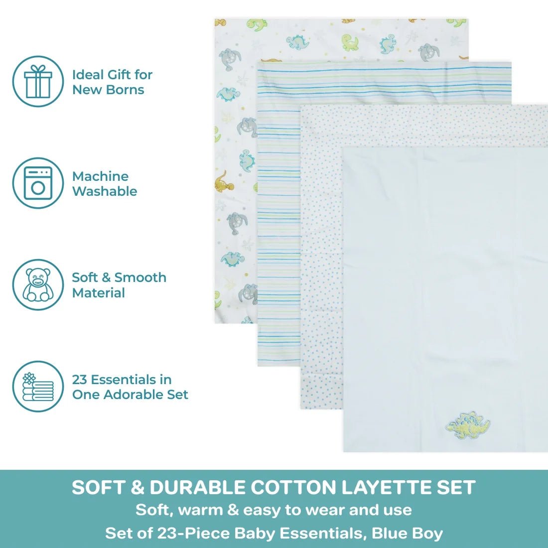 LUMÉA™ Dino Adventure 23 - Piece Baby Basics Gift Basket - Blue Dinosaurs (Newborn) - Lumea Baby