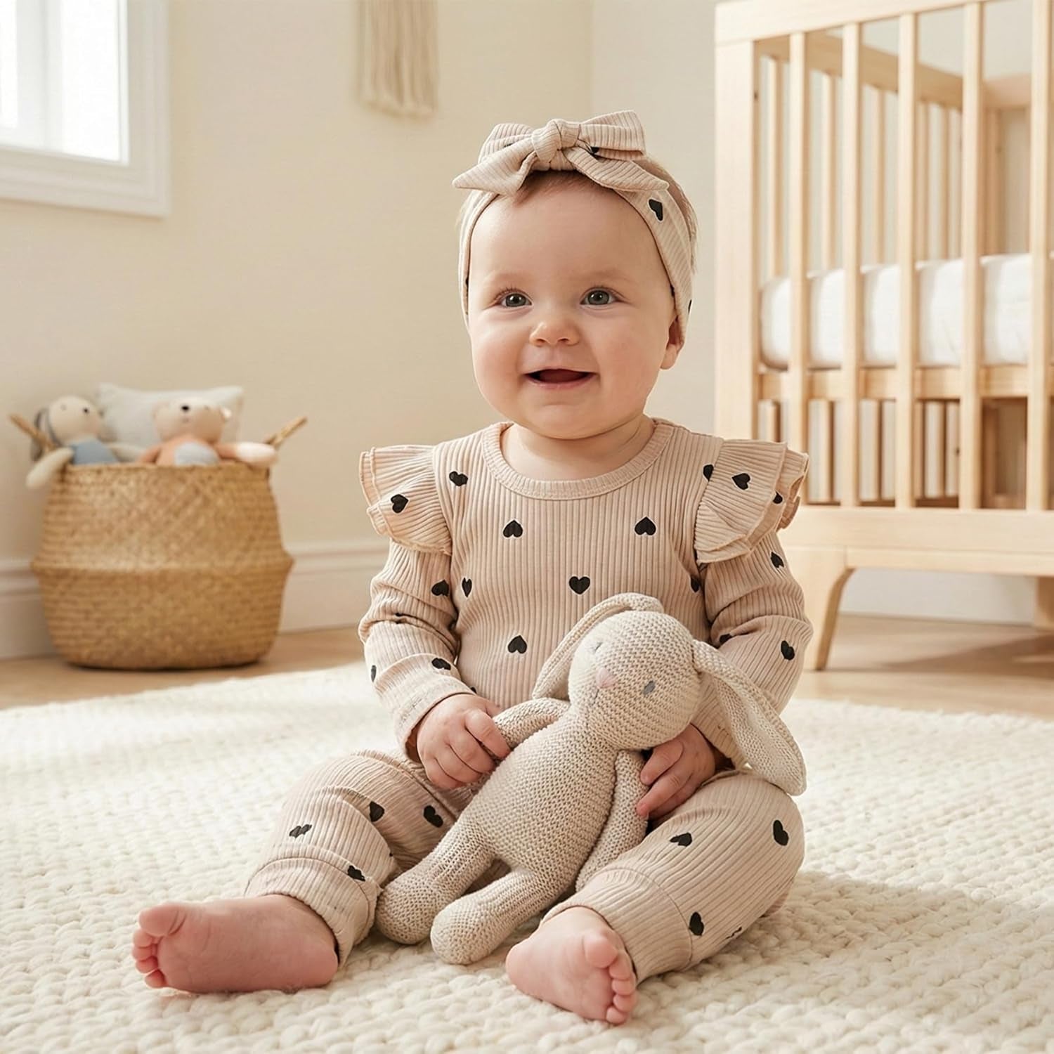 Lumea Frill & Rib 3 - Piece Baby Girl Set - Long Sleeve Romper & Pants (3 - 6M) - Lumea Baby