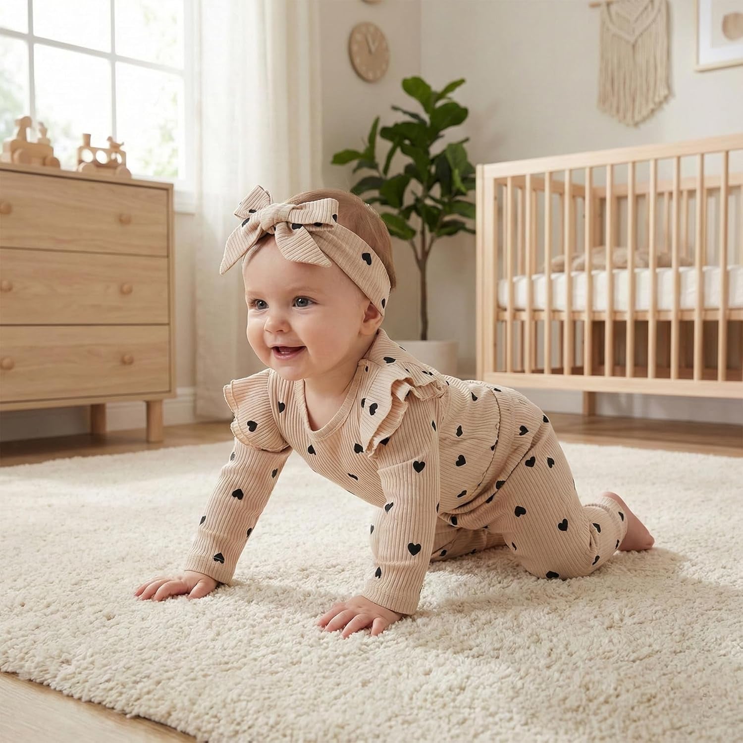 Lumea Frill & Rib 3 - Piece Baby Girl Set - Long Sleeve Romper & Pants (3 - 6M) - Lumea Baby