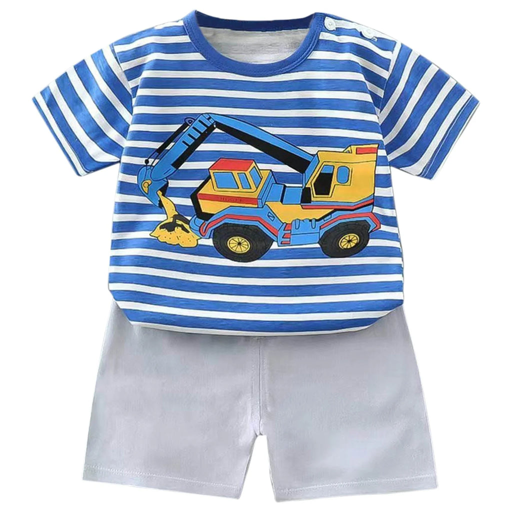 Lumea Vroom Vroom 2 - Piece Kids Set - Stripe Cartoon Car Tee & Shorts (5 - 6Y) - Lumea Baby