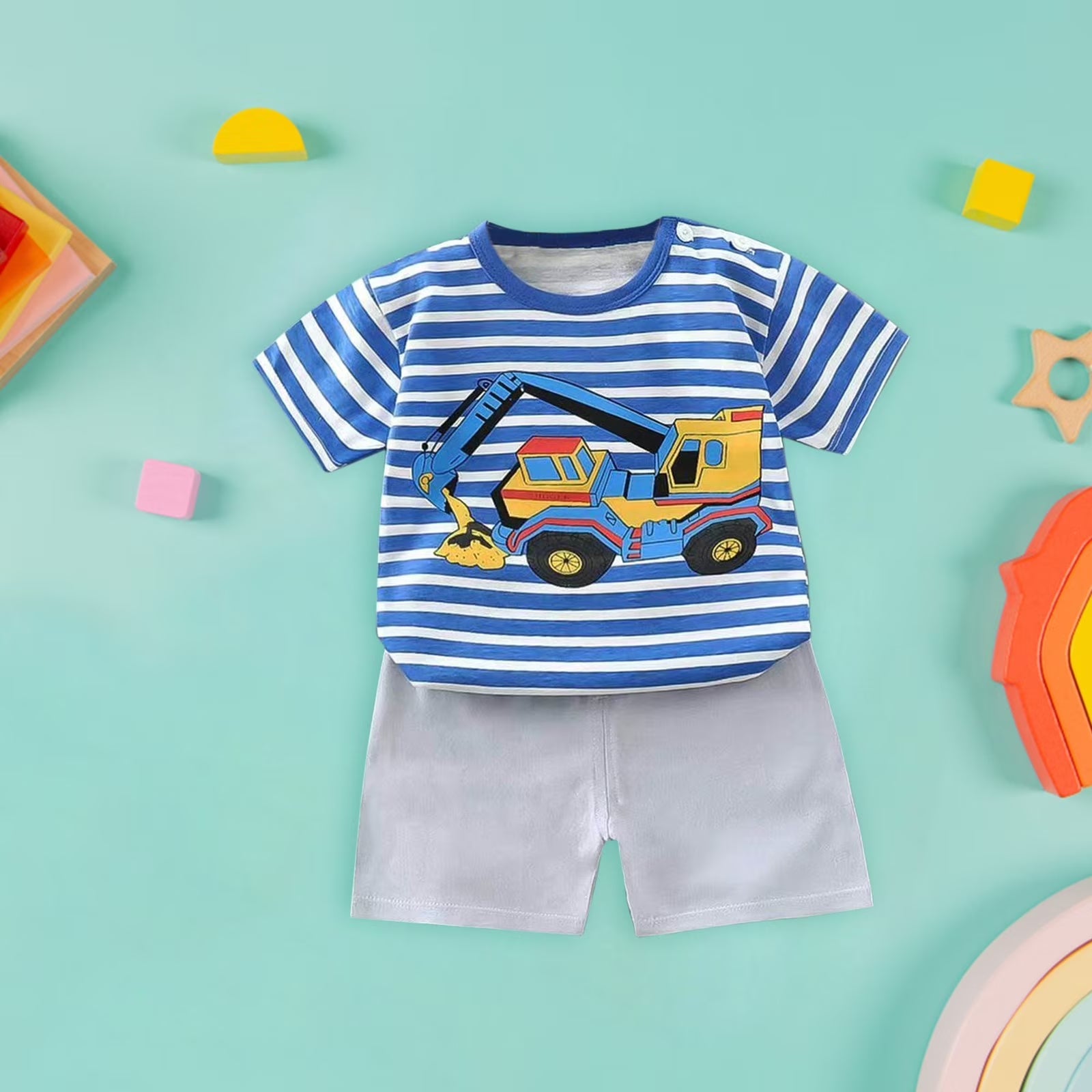 Lumea Vroom Vroom 2 - Piece Baby Set - Stripe Cartoon Car Tee & Shorts (6 - 12M) - Lumea Baby
