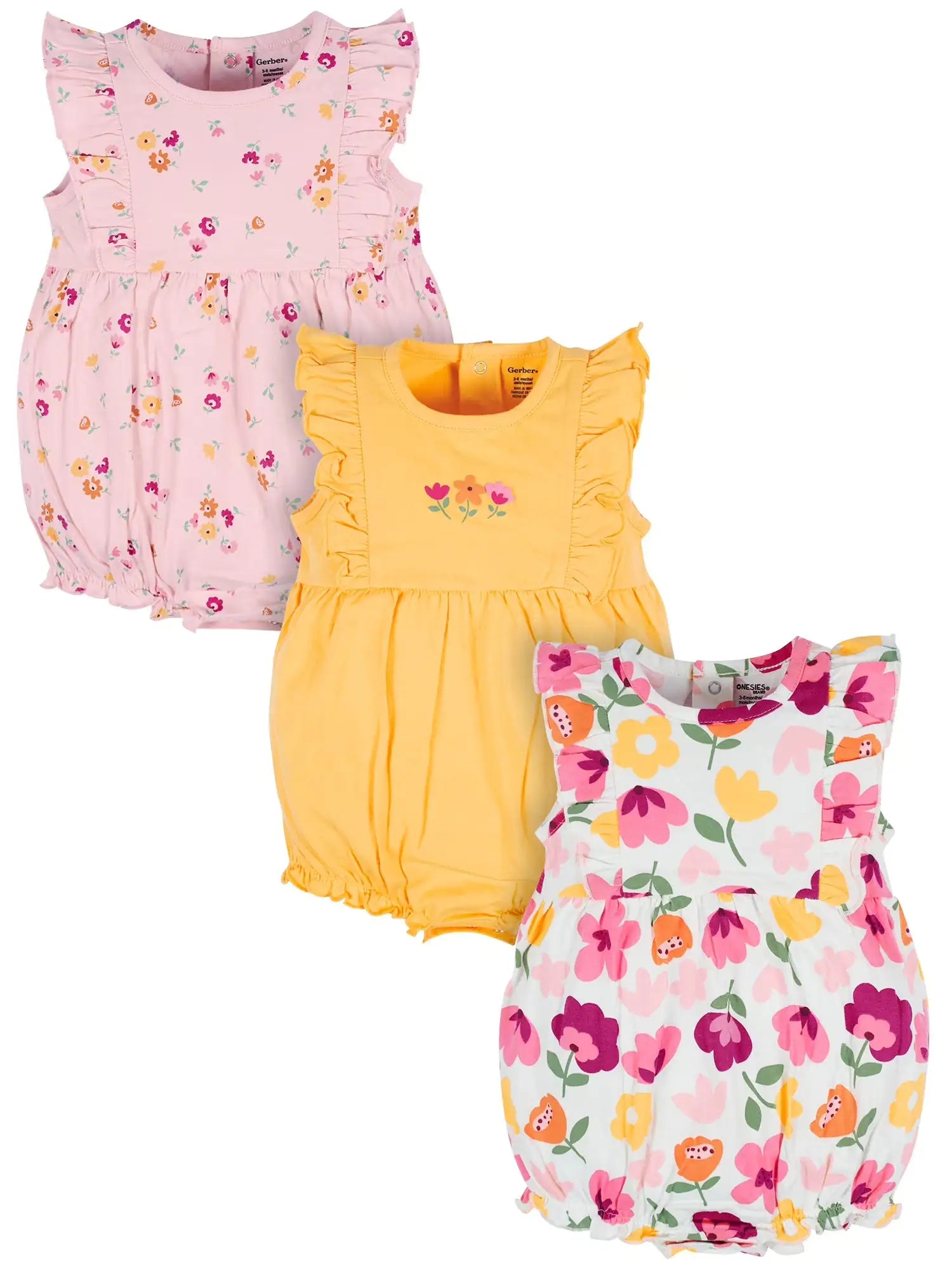 Lumea Garden Baby Girl Floral Ruffle Rompers 3 - Pack — Soft Cotton Summer Outfits (0–24M) - Lumea Baby