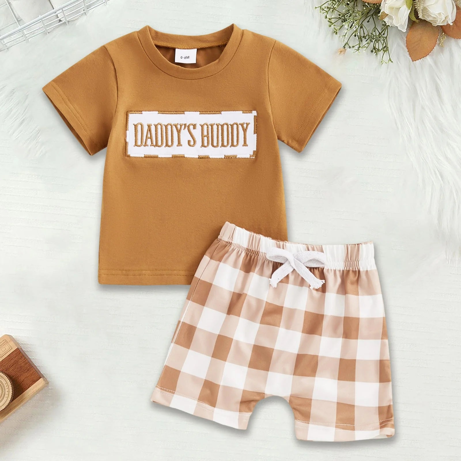 Lumea Mini Me 2 - Piece Baby Set - Embroidery Tee & Plaid Shorts Family Match (6 - 9M) - Lumea Baby
