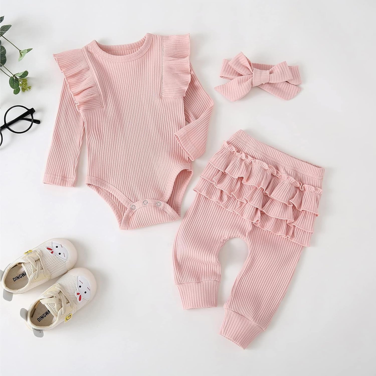 Lumea Frill & Rib 3 - Piece Baby Girl Set - Long Sleeve Romper & Pants (12 - 18M) - Lumea Baby