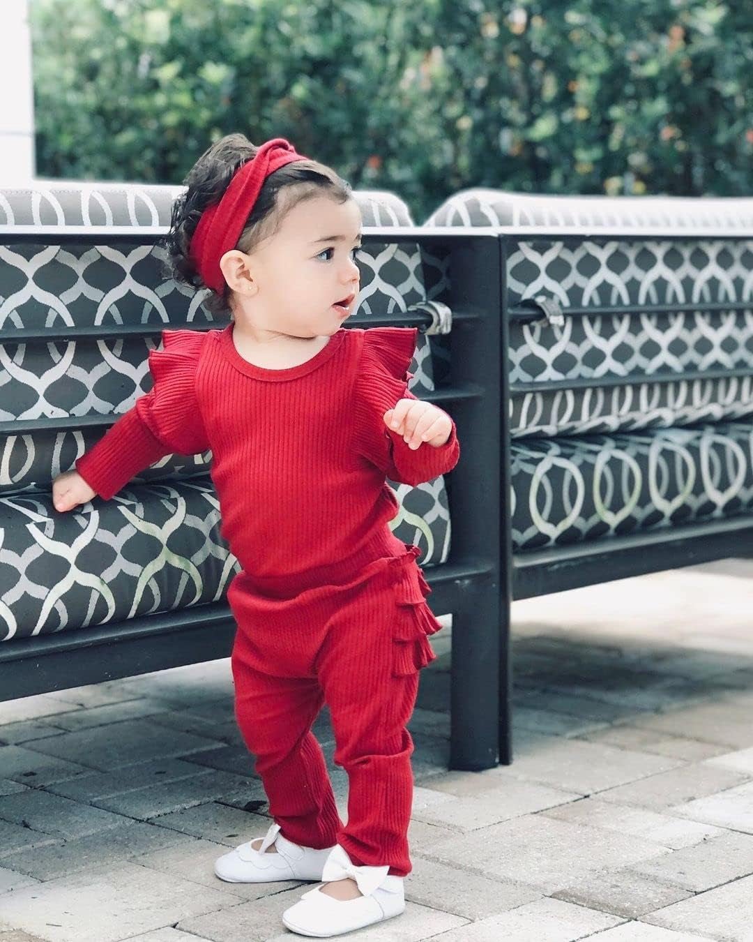 Lumea Frill & Rib 3 - Piece Baby Girl Set - Long Sleeve Romper & Pants (6 - 9M) - Lumea Baby