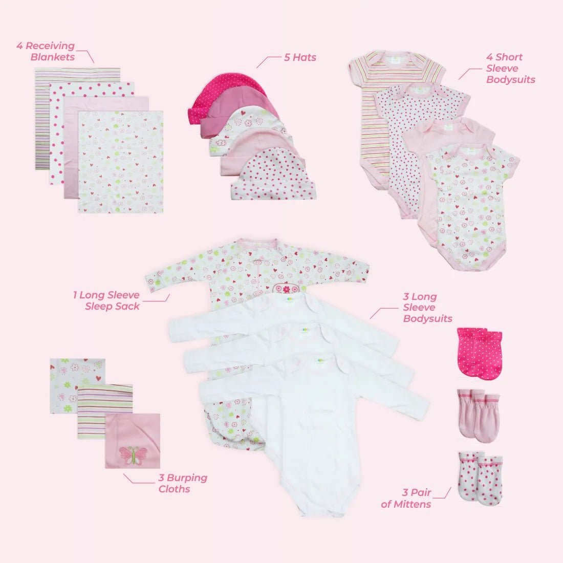LUMÉA™ Pink Flowers 23 - Piece Baby Girl Essential Basics Layette Set - Gift Basket - Lumea Baby
